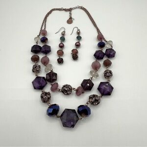 Vintage Liz Claiborne Elegant Sparkly Purple Beaded Necklace and Earring Set